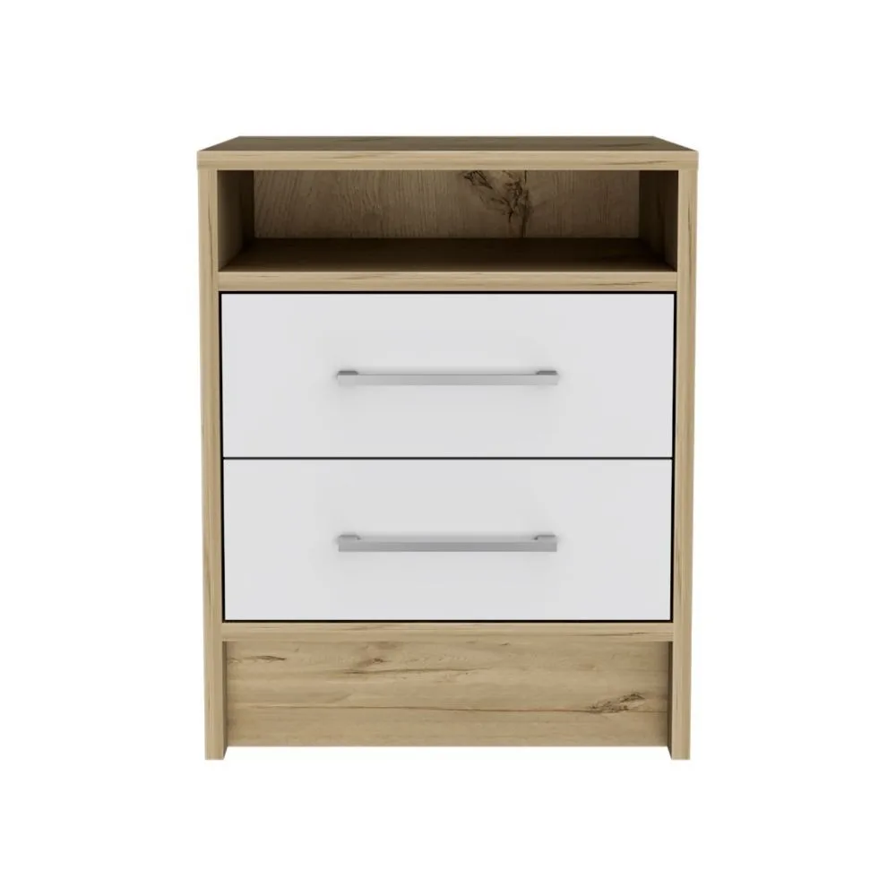 Bedroom Nightstand , End Table, Side Table Superior Top, Two Drawers -White / Light Oak Bedroom Furniture Nightstands