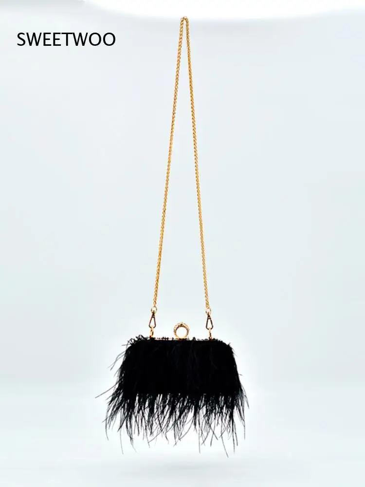 Full Feather Kiss Lock Clutch Bag Rhinestone Circle Closure Top Handle Evening Handbag Chain Crossbody Purse