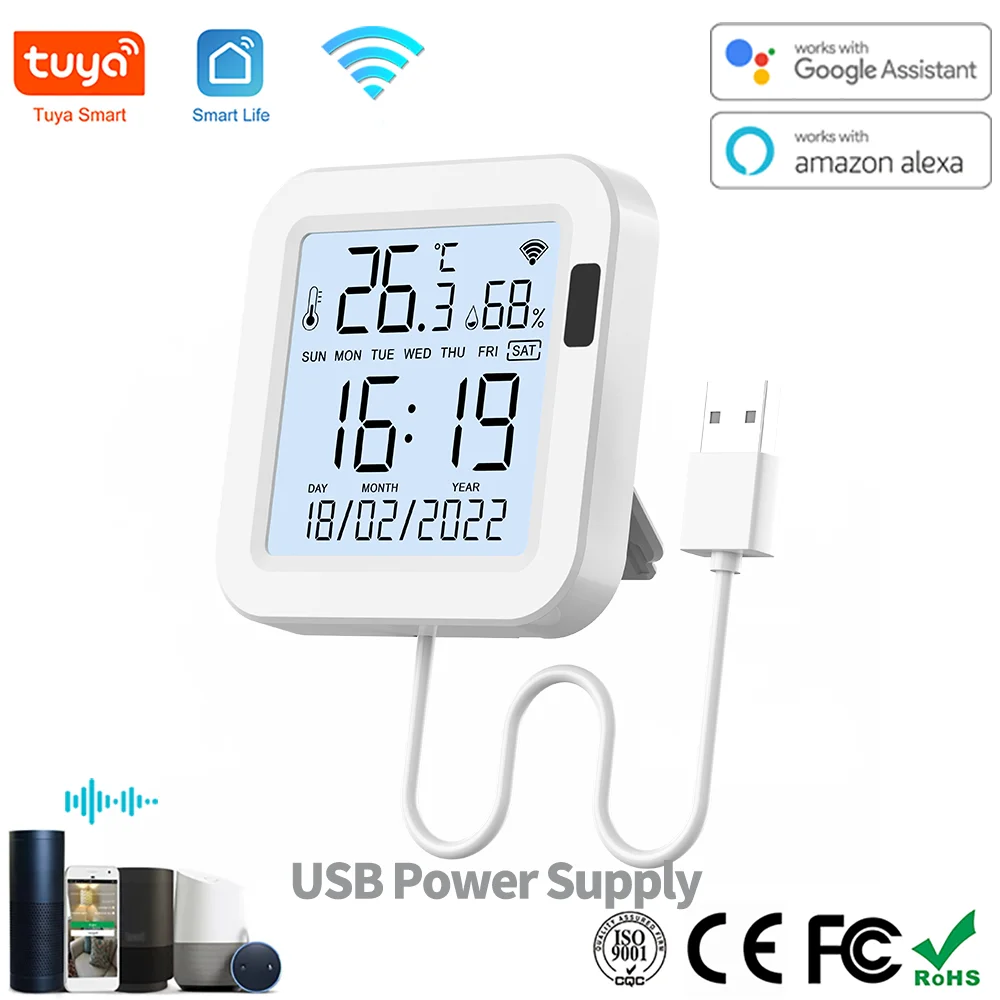 Sensor inteligente de temperatura e umidade Tuya WiFi, alimentado por USB, display retroiluminado, aplicativo Smart Life, compatível com Alexa e Google Home
