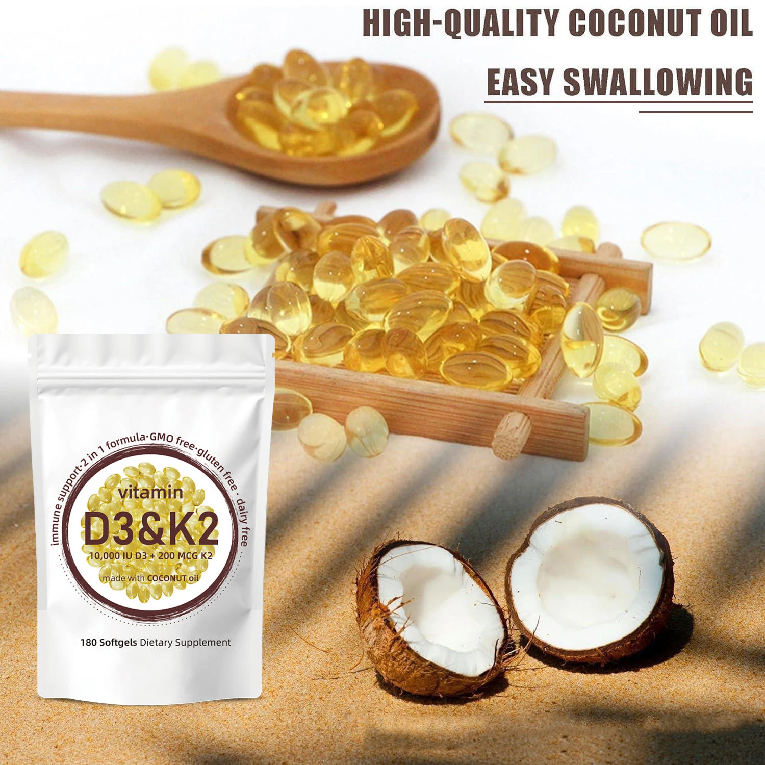 

2 шт. 2-в-1 витамин D3 K2 Дополнительные капсулы 10000 МО витамин D3 + 200 MCG витамин K2 Поддержка поглощения кальция - 180 капсул