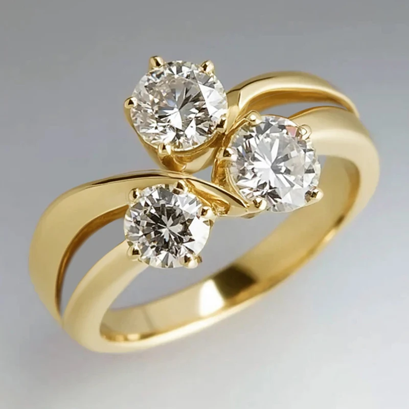 CAOSHI Women Three Stone Zircon Gold Color Twisted Band Rings Elegant Accessories Gift Wedding Party Daily Bridal Finger Ring
