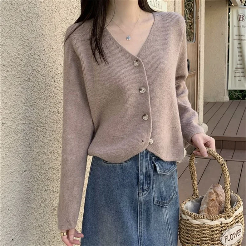 

2025 Cotton Line Long Sleeve V-Neck Knitted Cardigan Women Loose Short Solid Color Simple Sun Protection Tops