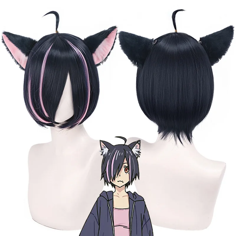 Anime Yani Neko Hameneko Cosplay Wig Black Short Synthetic Hair with Ears For Women Men Halloween Costume Party Carnival Props