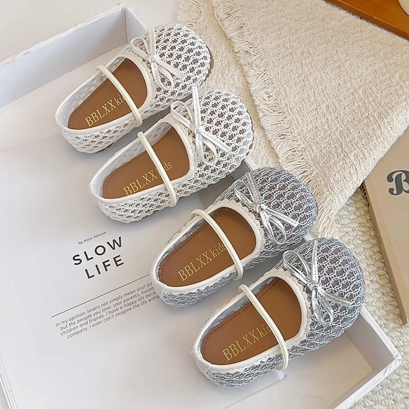 Girls Lace Mesh Princess Shoes with Bow-knot Kids Flats Leather Shoes for Party Wedding Soft Sole Children Mary Jane Shoes