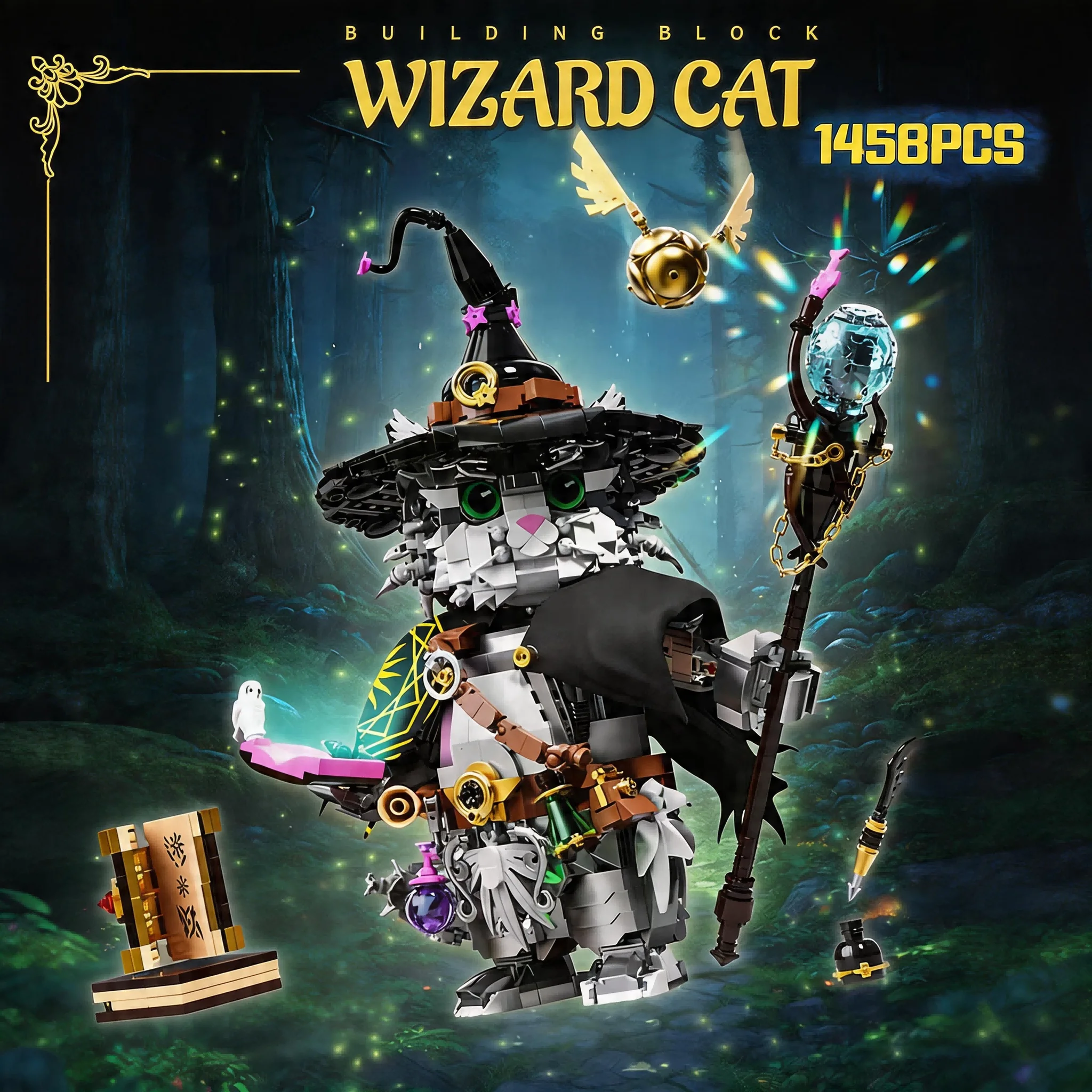 

1458Pcs Magic Wizard Cat MOC Building Blocks, Creative Animal Bricks Toy, Home Decor Gift for Kids & Adults