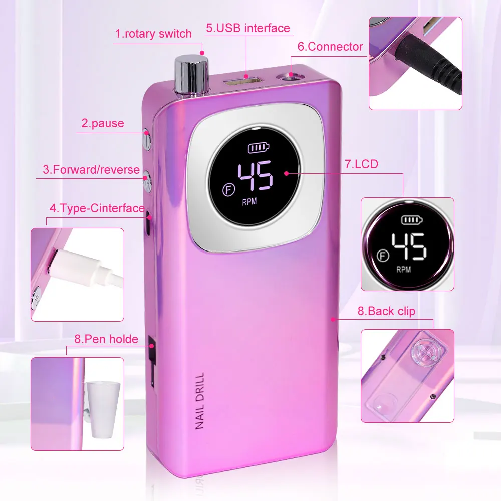 DianaBeauty 45000RPM الكهربائية المحمولة آلة حفر الأظافر قابلة للشحن لجل طلاء الأظافر المحمولة ملف الأظافر أدوات مانيكير
