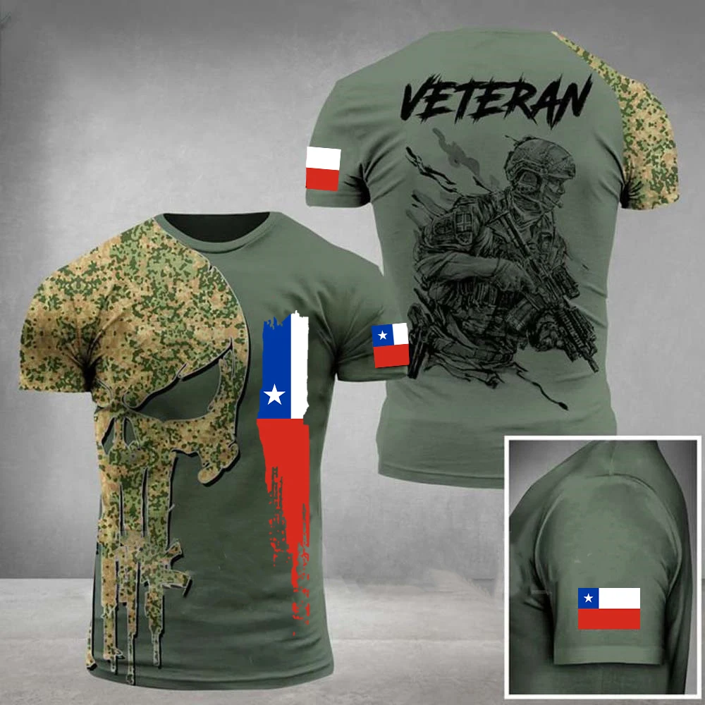 Vintage Chile T-Shirt 3D Print Chilean Flag Shirt O Neck Men\'s Veterans Short Sleeve Tees Oversized Streetwear Loose Camo Tops