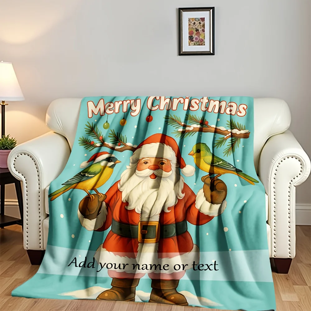 Christmas Blanket Custom with Your Name/Text - Soft Flannel Santa Claus Snowflakes Turquoise Winter Design