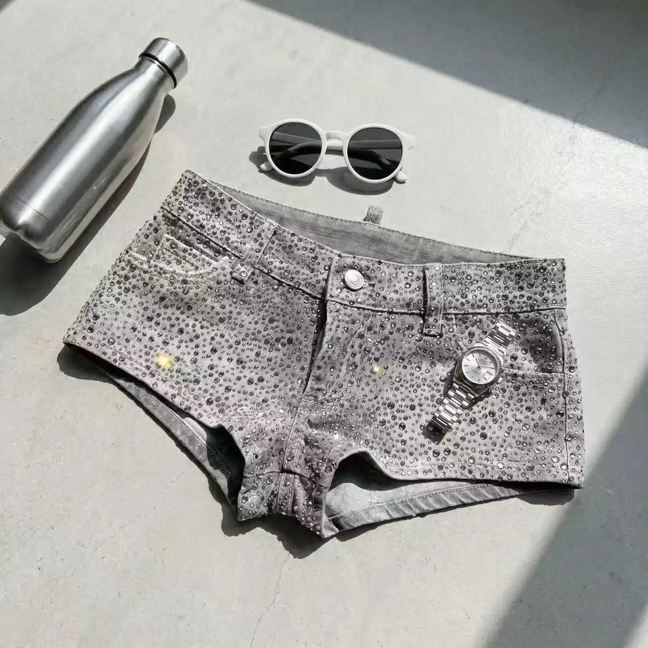 New Retro Double-sided Flashing Rhinestone Shorts for Women Y2K Harajuku Mini Denim Shorts Gothic Sexy Slim Low-waisted Shorts