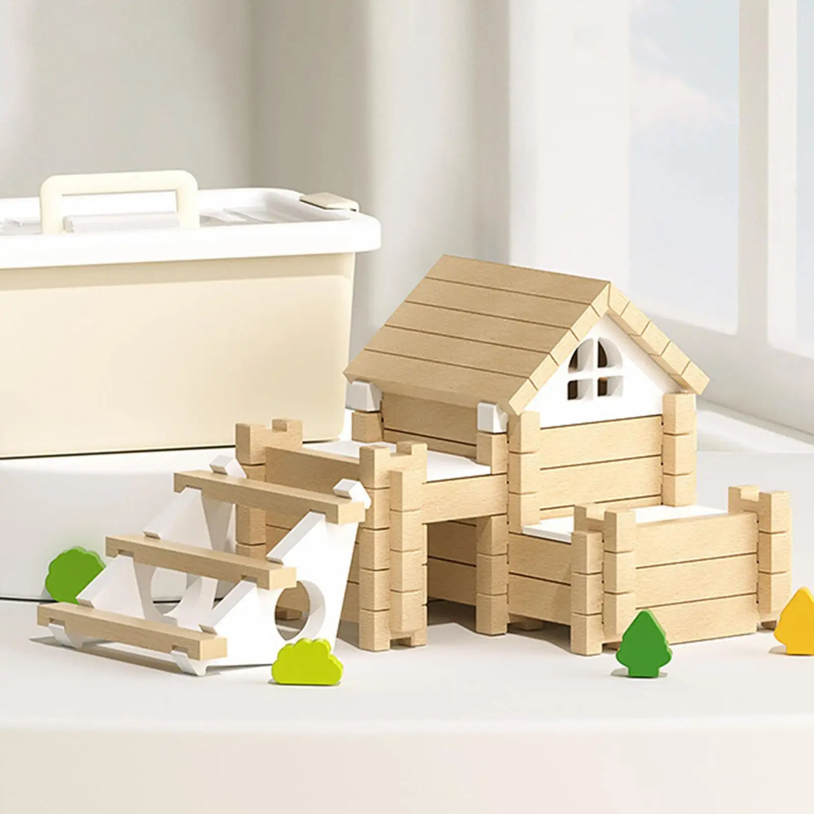 Wooden Building Blocks Set DIY Assembly House Stacking Block with Storage Box Construction Building for Boys and Girls Adults