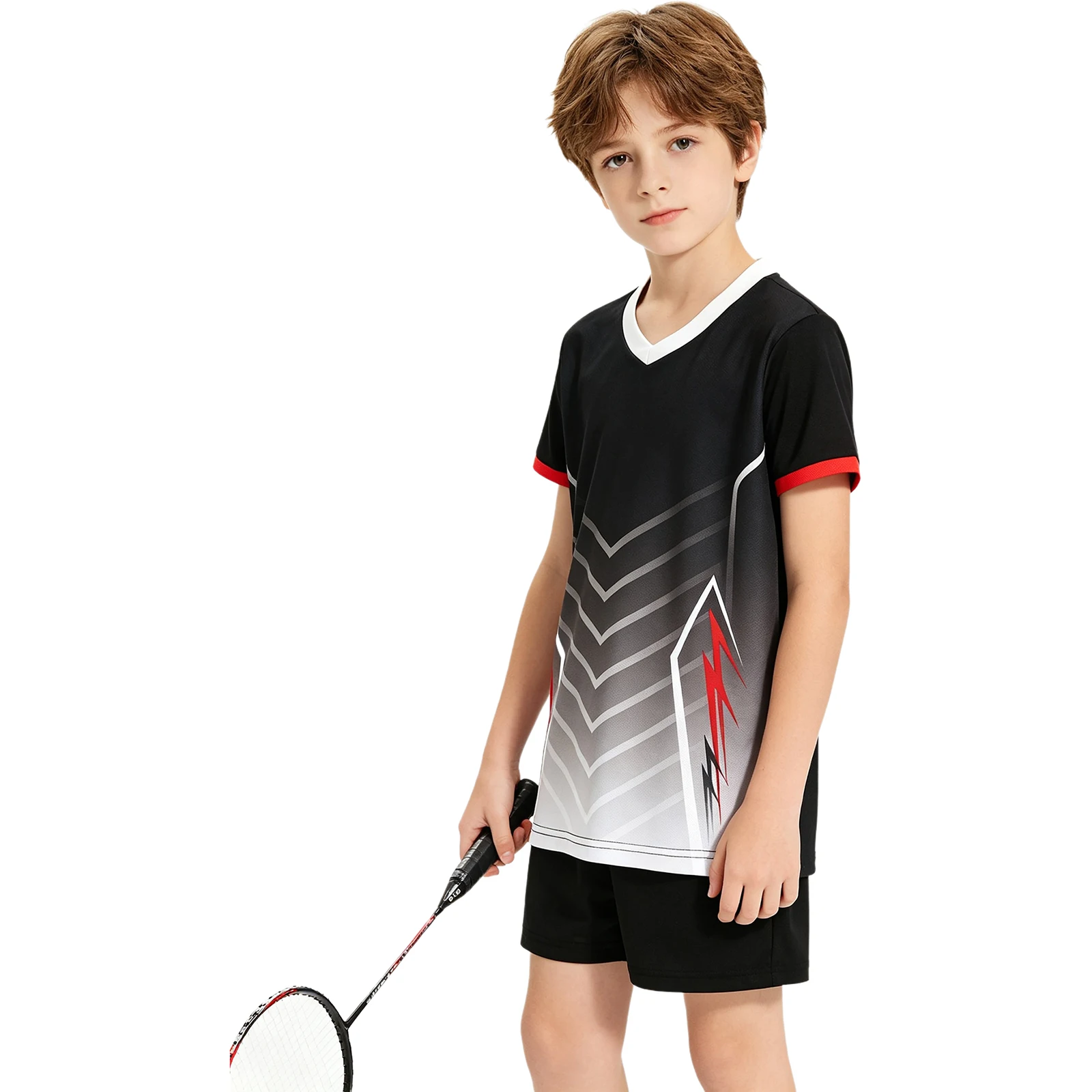 Kids Boys Girls Quick-dry Soccer Uniform Kit Short Sleeve V-neck Printed Contrast Color Jersey with Drawstring Shorts Set view 6