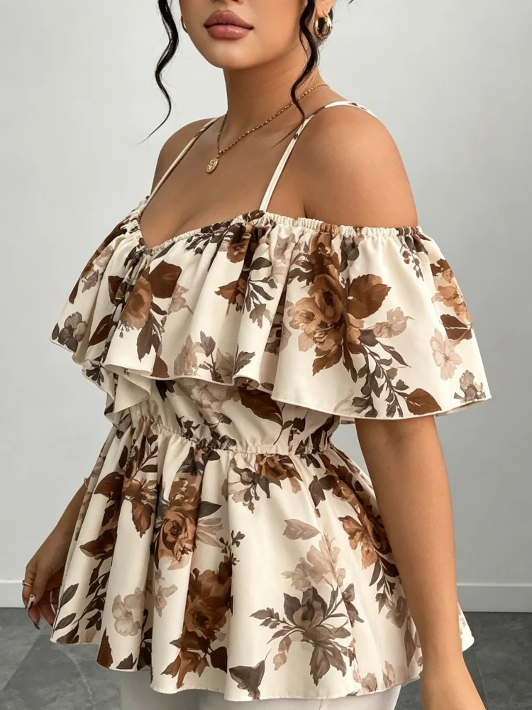 Plus-Size Blumenmuster Off-Shoulder Bluse für Damen, Spaghettiträger, Rüschen-Peplum-Top, Vintage-Print, schmale Taille, lässiges Sommerhemd – Detail 6