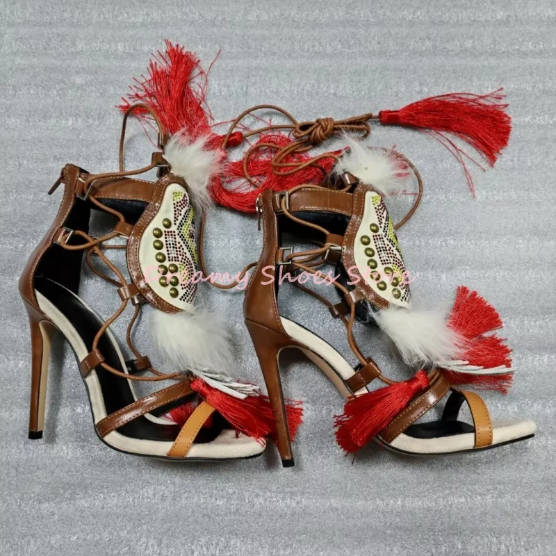Brown Fringe Fur Decor Open Toe Thin Heel Sandals Women Back Zipper Rivet Cross-Tied High Heels Retro Fashion Party Lady Shoes
