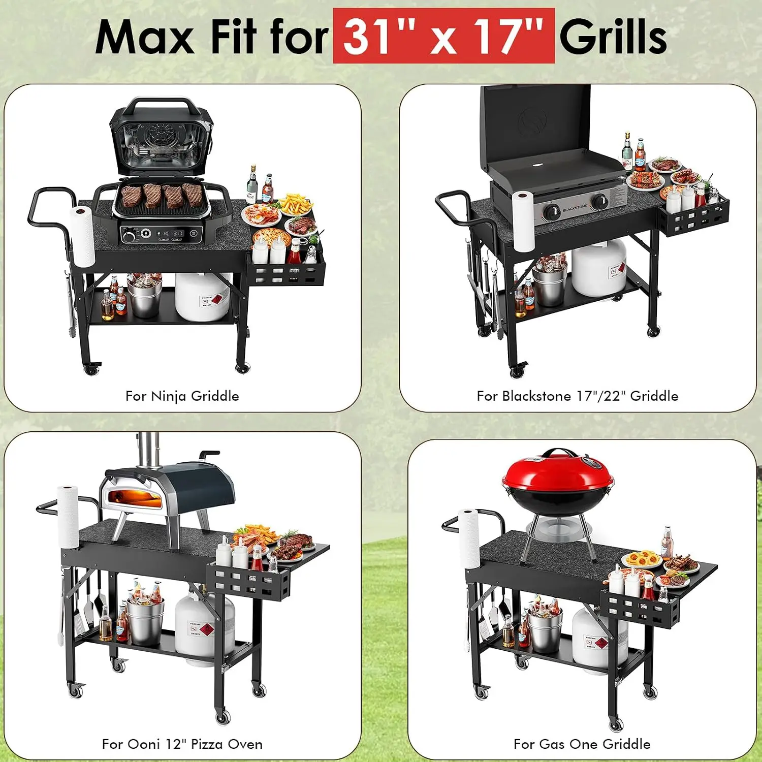 Grill Cart for Blackstone Griddle, Portable Outdoor Grill Table | Foldable Cart Table with Wheels for Ninja, Griddle Stand Fit
