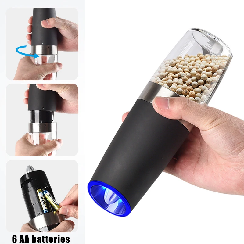 Electric Automatic Mill Spice Salt and Pepper Grinder Gravity LED Light Adjustable Coarseness Kitchen Steak Mill Tools