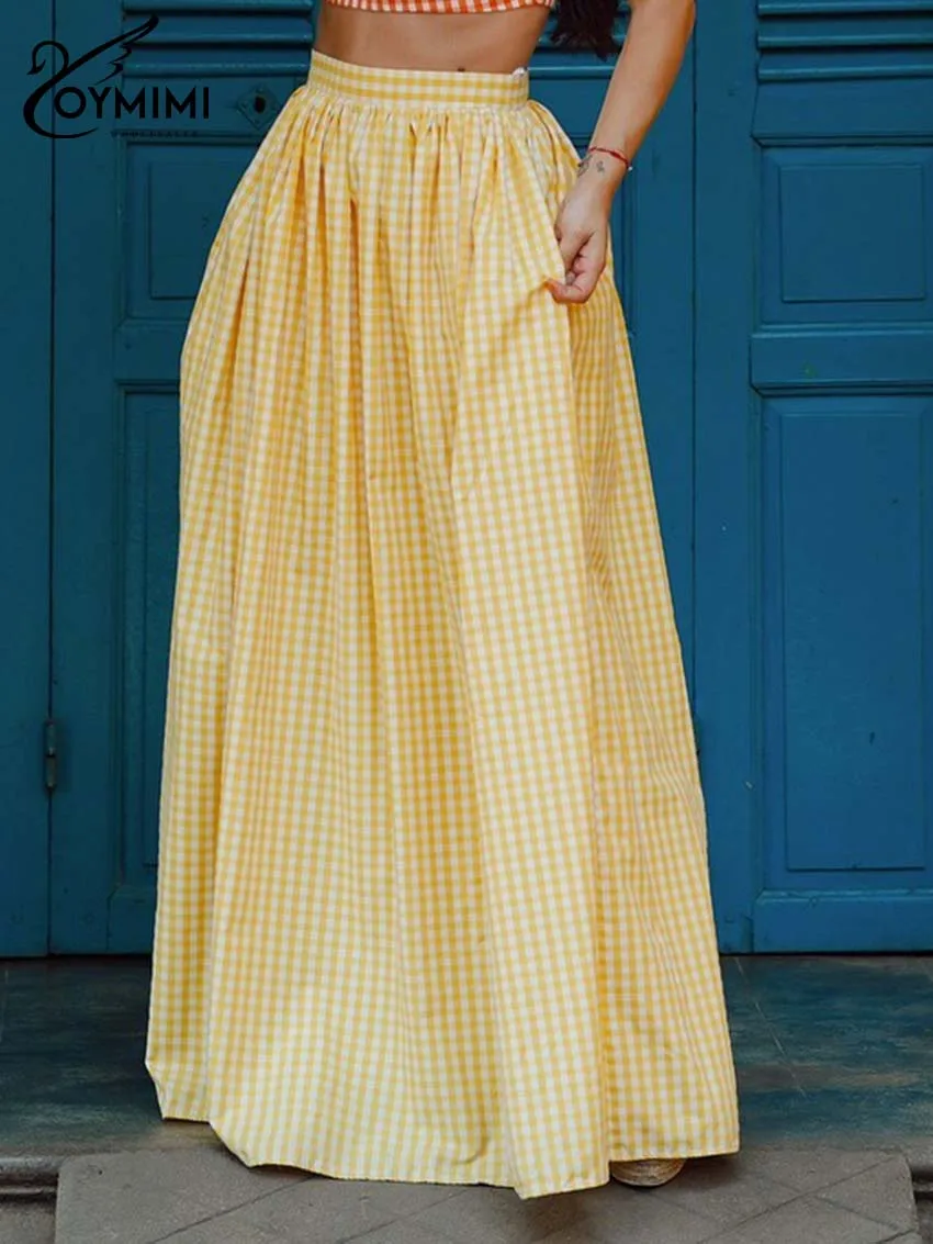 

Oymimi Women's Yellow Premium Gingham Maxi Skirt 2026 Spring High Waisted Pleated Flowy Pocket Effortless Retro Casual Outfit