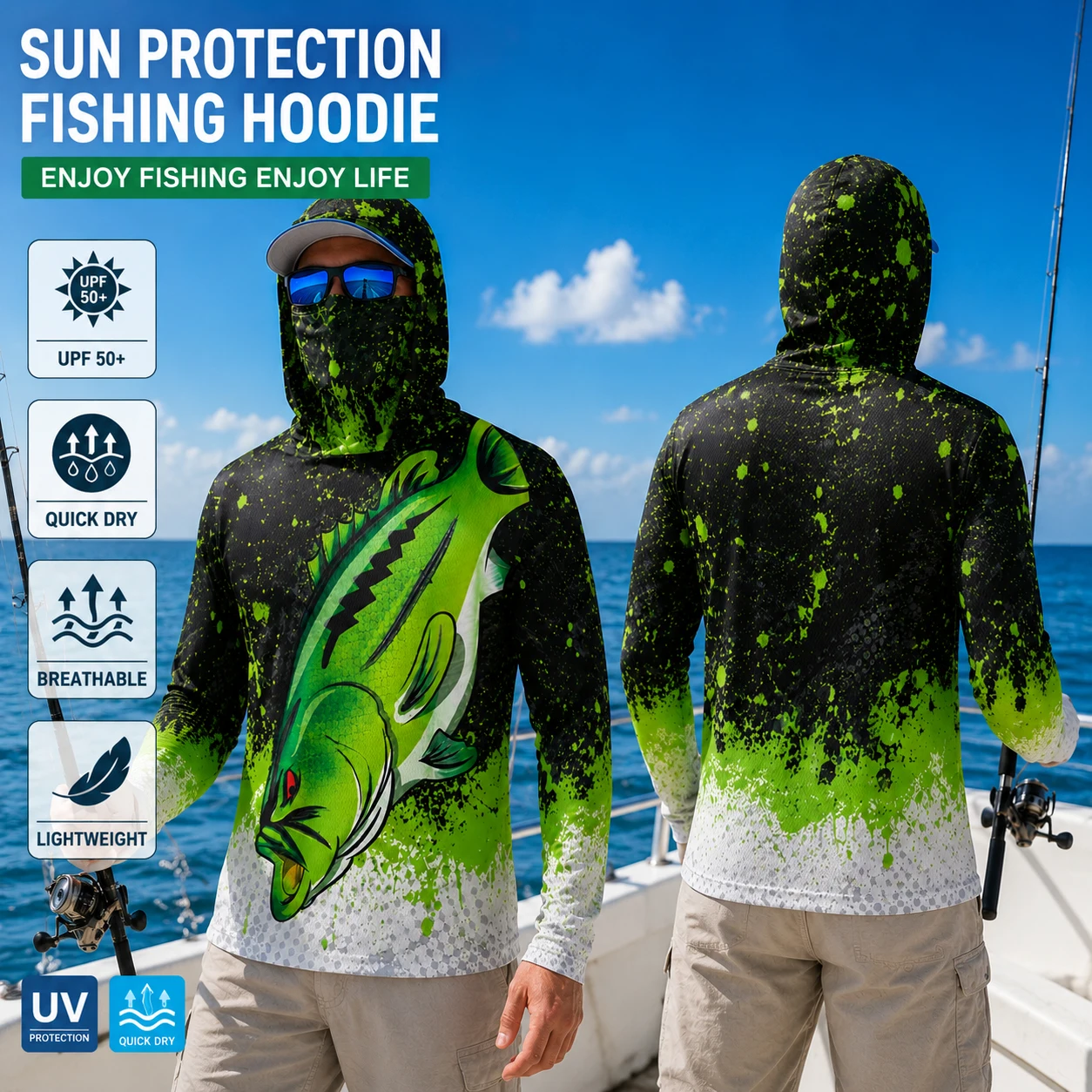 Fishing Shirt Uv Protection - Men Gradient Fish Print Fishing Hoodie
