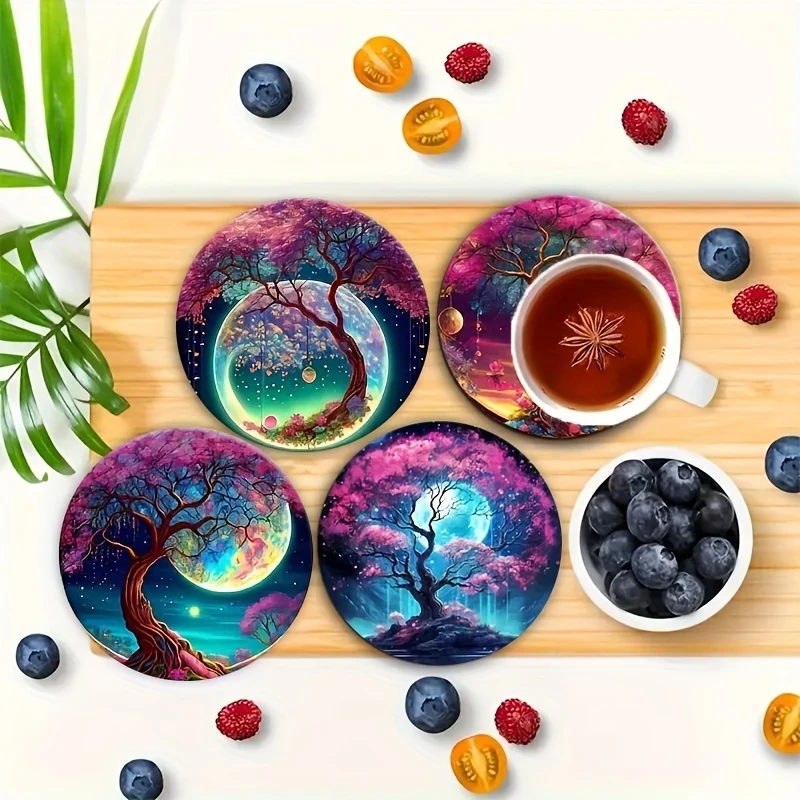 2D Dreamy Colorful Tree of Life Round Wooden Coaster Artistic Design Anti-Slip Protection Home Office Coffee Tea Use Party Gift