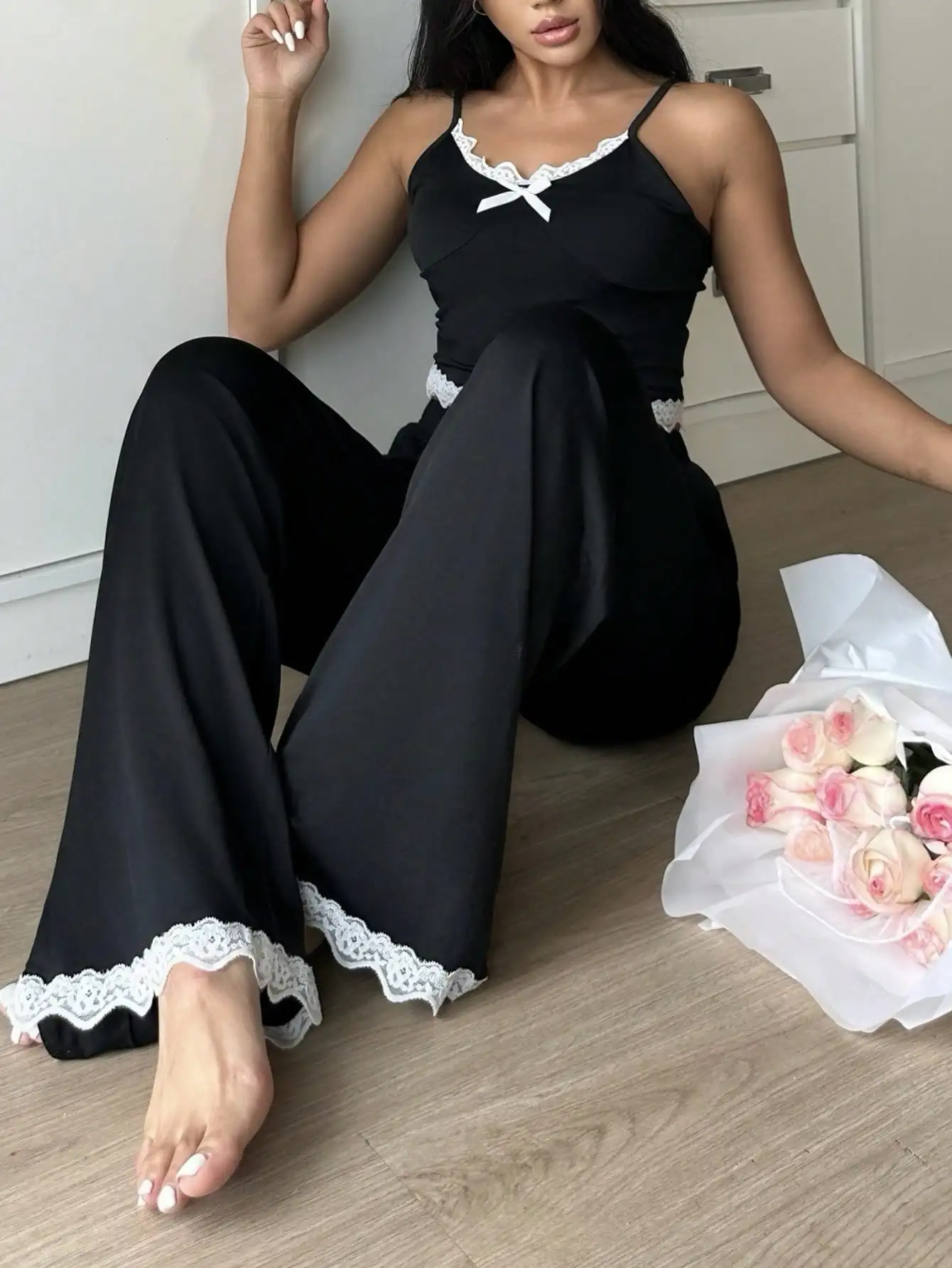 

Black Lace Trim Camisole and Wide-Leg Pant Pajama Set for Women