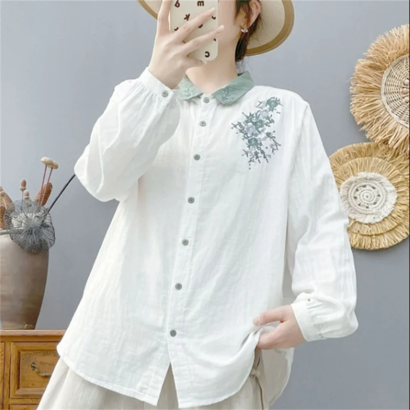 الرجعية قميص Artsy المطرزة بلوزة المرأة القطن قميص طويل الأكمام لينة فضفاضة زر حتى قميص رقيقة الربيع الإناث البلوزات