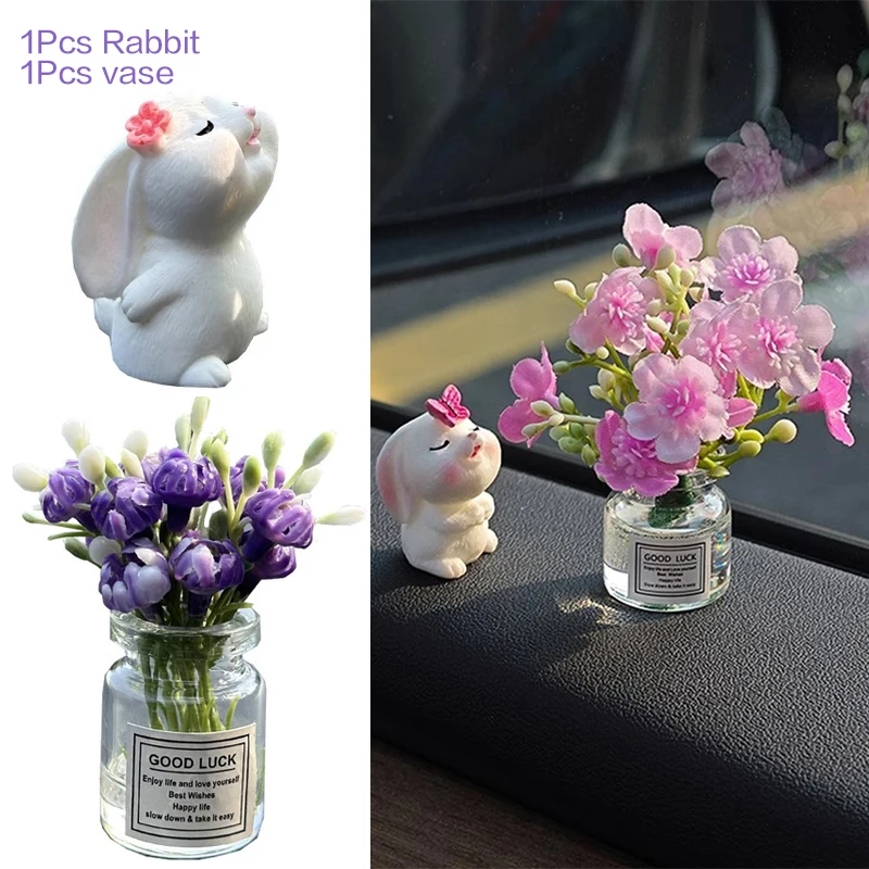 Vaso de flores rosa fofo e coelho, decoração de interiores de carro, ornamentos, console central automático, utensílios de decoração para acessórios d