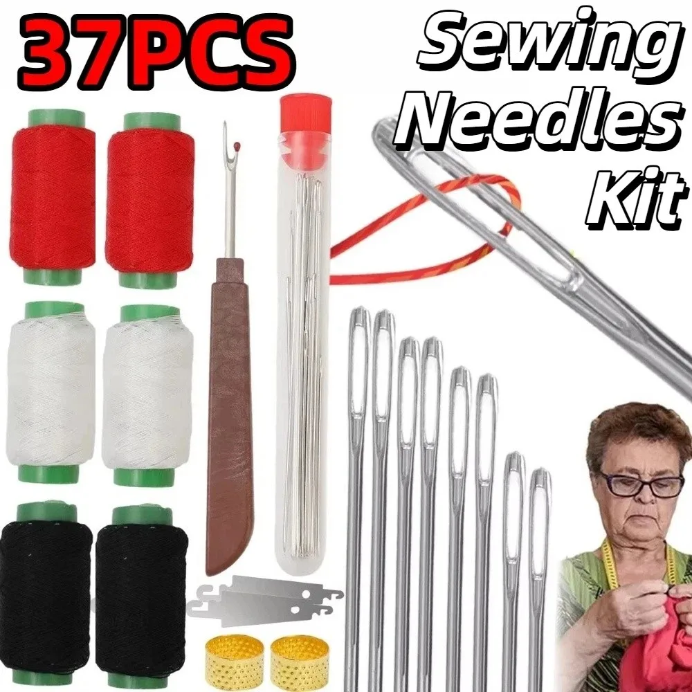 

37PCS Stainless Steel Sewing Needles Kit Portable Large Eye Steel Sewing Tool Set Space Saving Handheld Manual Sewing Tool Kit