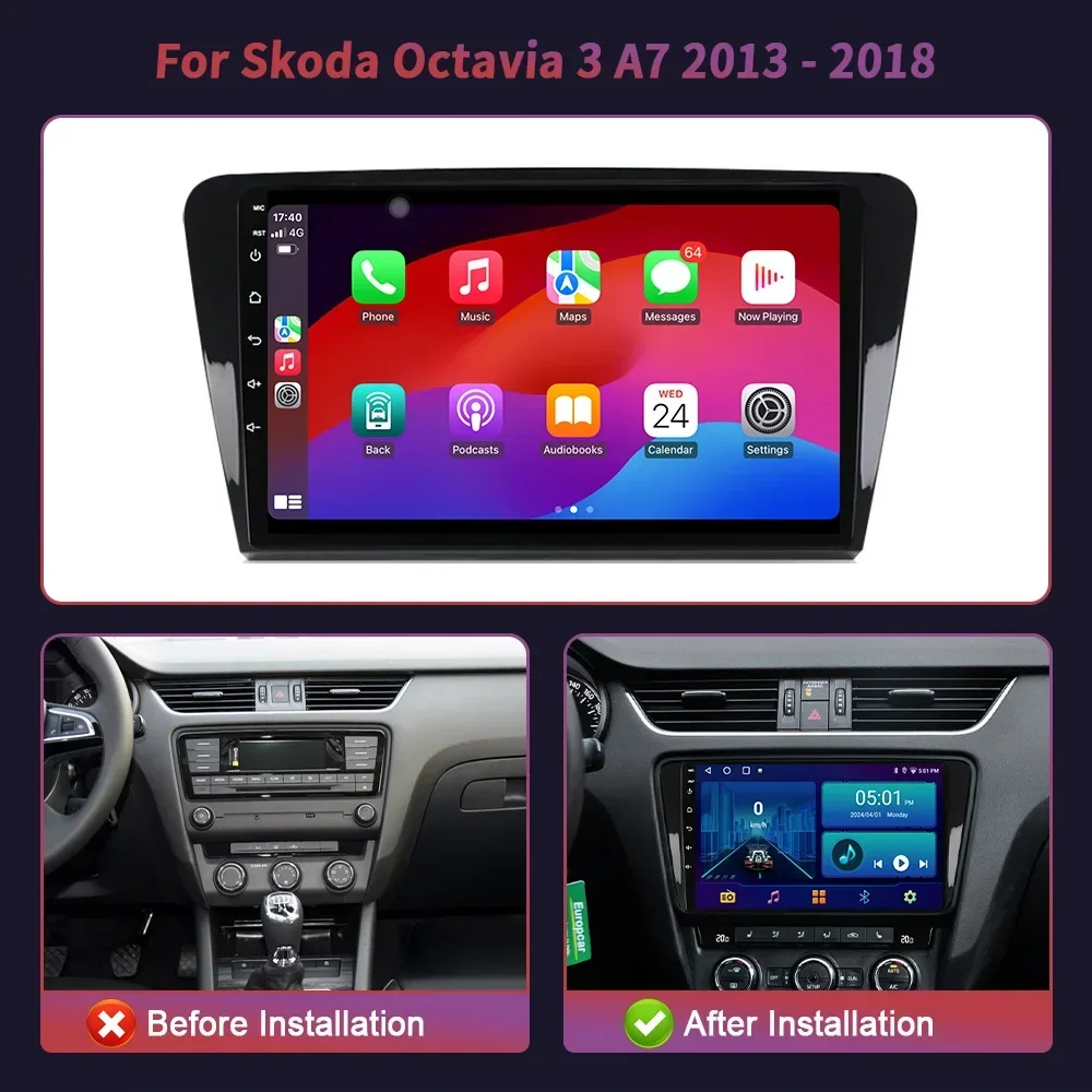 Android 14 For Skoda Octavia 3 A7 2013 -2018 Car Radio Multimedia Automotiva Video Player Navigation Carplay Stereo 2 Din Screen