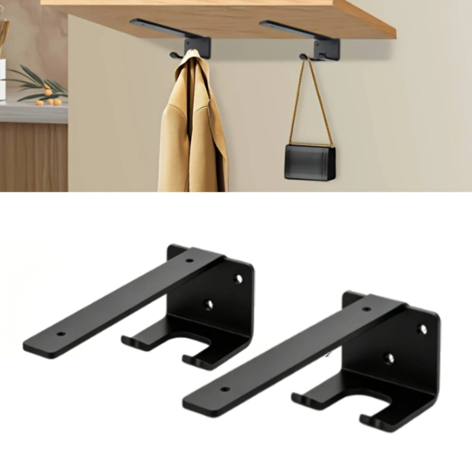 2 Pieces Shelf Bracket with Hook Compact L-Shaped Bracket Hardware Sturdy Long-Lasting for Kitchen, Entryway