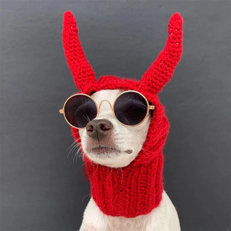 

Cowhorn hat Halloween cosplay costume dog hat Handmade crocheted Funny Eccentric personality dog hat Winter warm windproof
