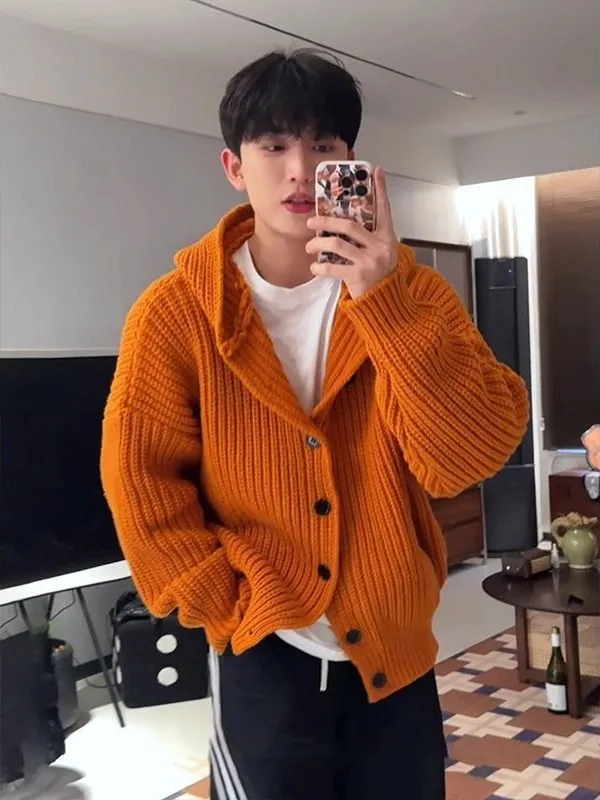 

Мужской вязаный свитер свободного кроя на флисовой подкладке с капюшоном, теплый и комфортный, для зимы