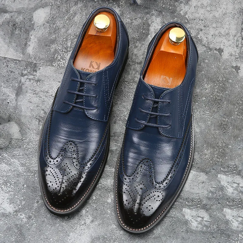 

Fashion Pointed Toe Lace Up Pu Leather Brogue Derby Shoes For Men New British Designer Wedding Formal Dress Footwear