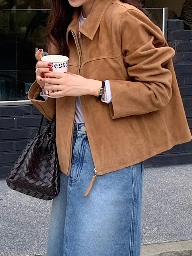 

Retro Suede Short Jacket Women's Spring Autumn Loose Cool Flip Collar Top American Style Versatile Jacket for Ladies
