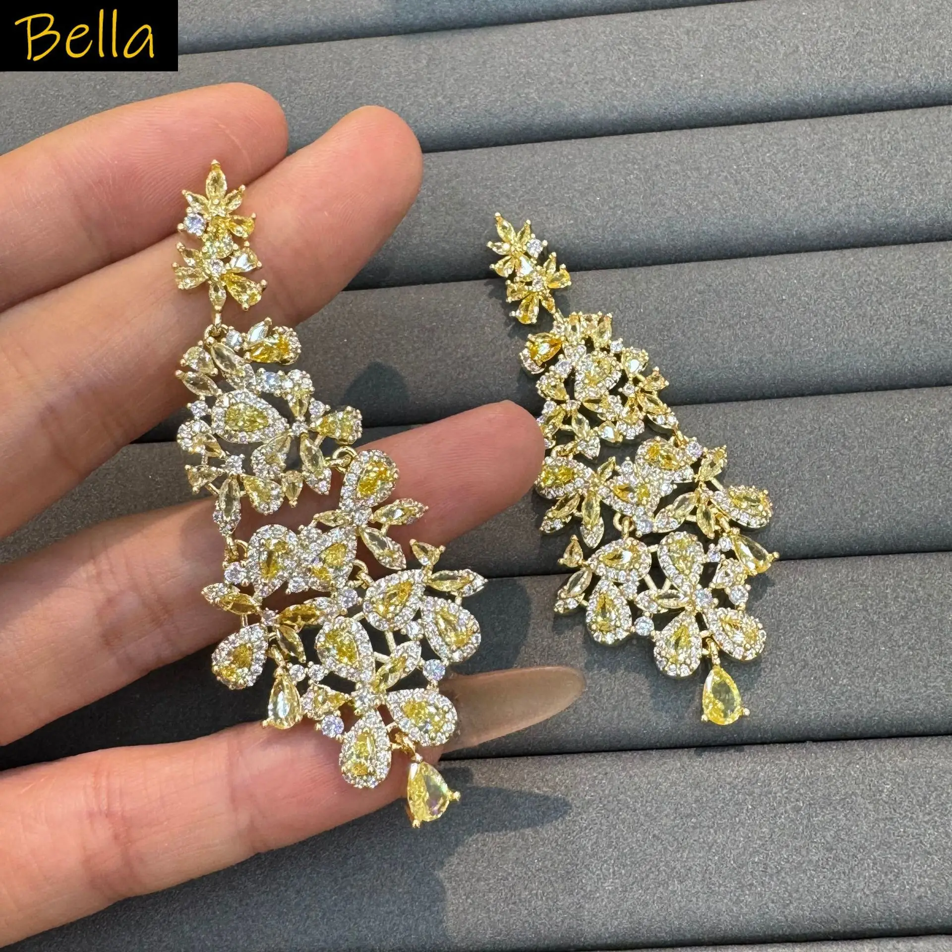yellow fushia multicolor zirconia earrings women dinner party sparkly luxury jewelry plant flower leaf pendant earrings large