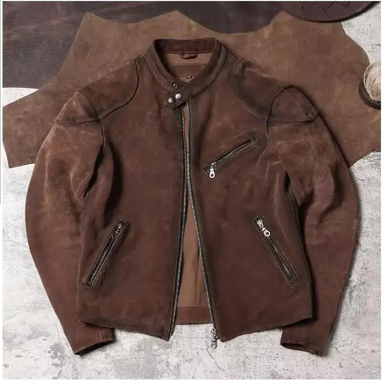 YR!Free shipping.Luxury Vintage style suede jacket.thick soft man quality cow suede coat.Rider Classic natural leather outwear