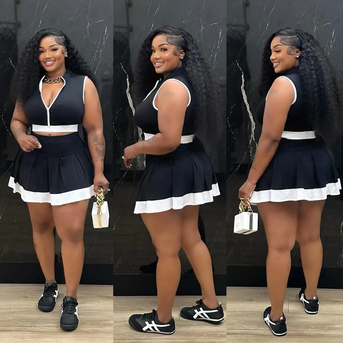 

Svel Splicing Zipper Top with ort Skirt Set Neutral Sle Summer Faion Tee-Piece Women's Outfit Pure Color Design