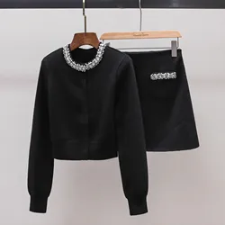 Luxury 2025 Spring Crystal Knitted Two Piece Matching Set Women's Knitting Cardigans Short Skirts Autumn 2pcs Outfits Knitwear