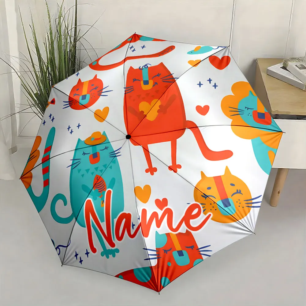 Custom Name Umbrella Colorful Cartoon Cats on Umbrella Design Print 8 Iron Ribs Folding Umbrella Auto-Open Fashion Sunshade