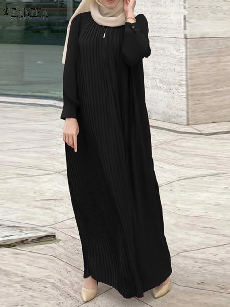 ZANZEA Fashion Long Sleeve Party Sundress Elegant Women Muslim Dress Abaya Solid Pleated Vestidos Belted Robe IsIamic Clothing