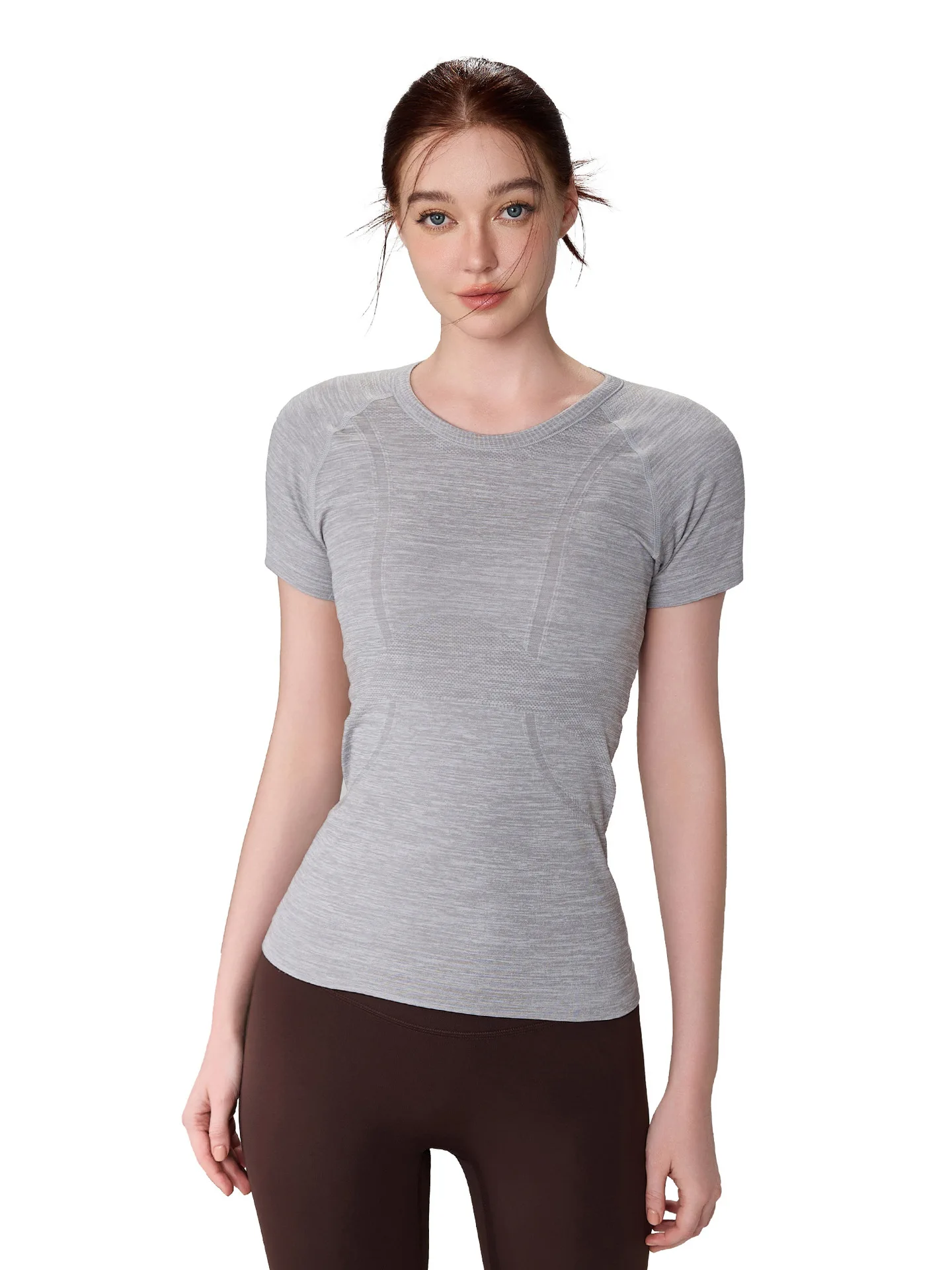 

2025 New Feel Seamless Yoga Women's Thin And Breathable Running Sports Fitness Short Sleeve Waist-tight Round Neck Yoga