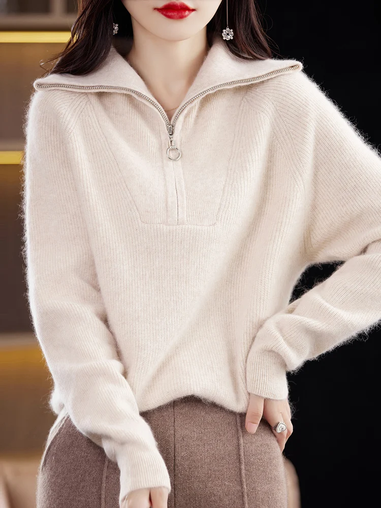 

Fimora Autumn Winter Women Zipper Polo Pullover Mink Cashmere Sweater Casual Thick Soft Warm Knitwear Korean Popular Clothing