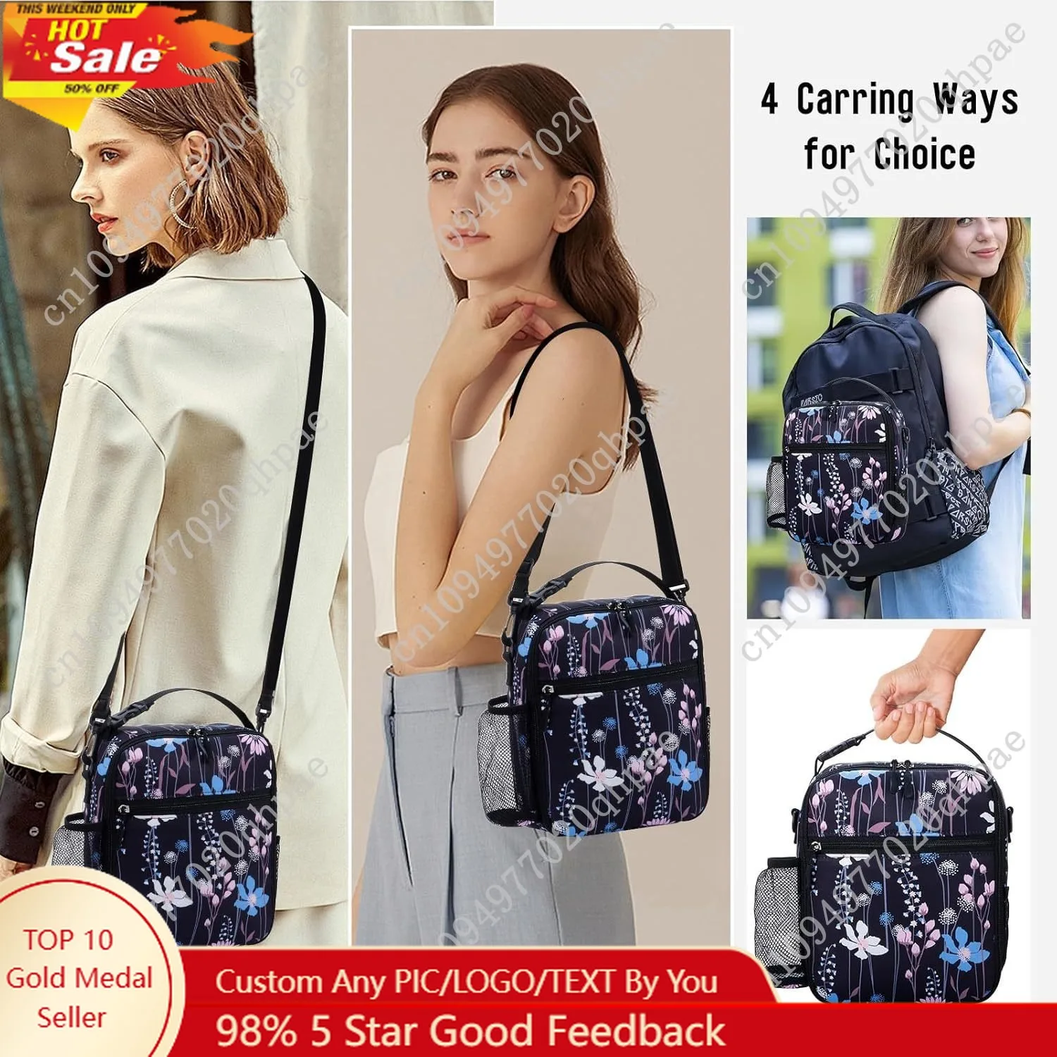 

Reusable Insulated Lunch Bag for Women - Portable Thermal Meal Tote with Adjustable Shoulder Strap & Bottle Pocket, Small Soft C