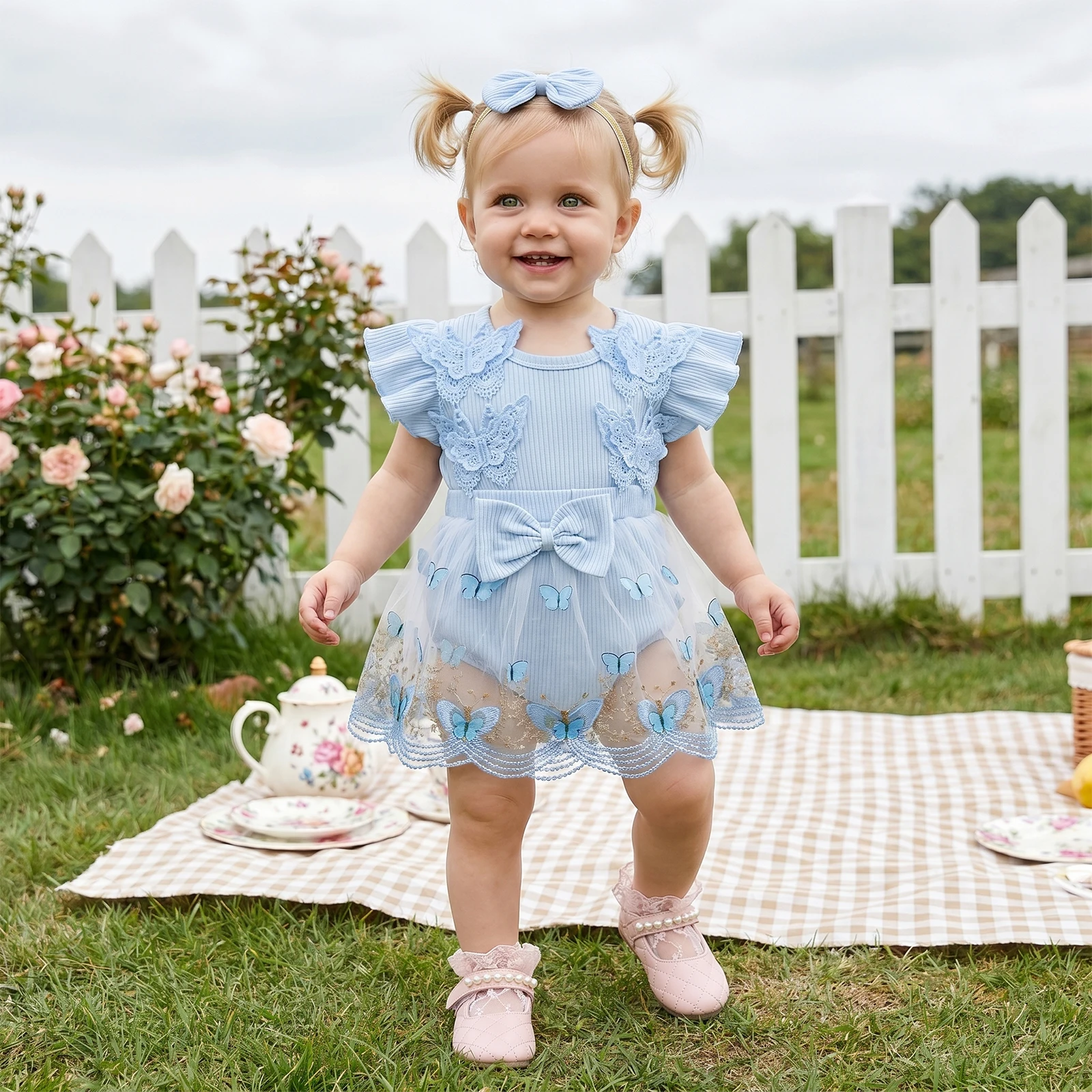 Baby Girls Rompers Butterfly Embroidery Round Neck Fly Sleeve Tulle Skirt Hem Infant Bodysuits Jumpsuits with Headband
