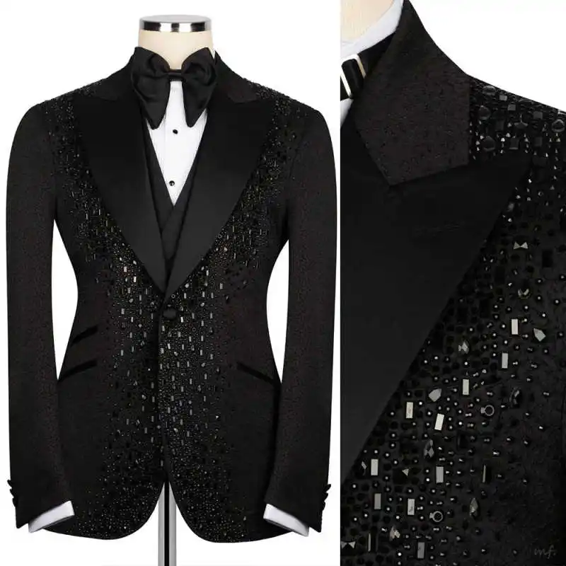 

Luxury Beading Tuxedos Peaked Lapel One Button Customized Blazer Casual Business Sequined Jacket 3 Pieces Set