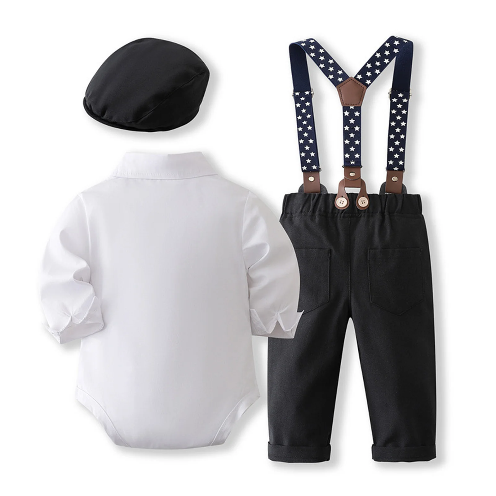 Baby Boys British Gentleman Suit Long Sleeve Bowtie Rompers Suspenders Pants Hat for Wedding Christening Birthday Photography