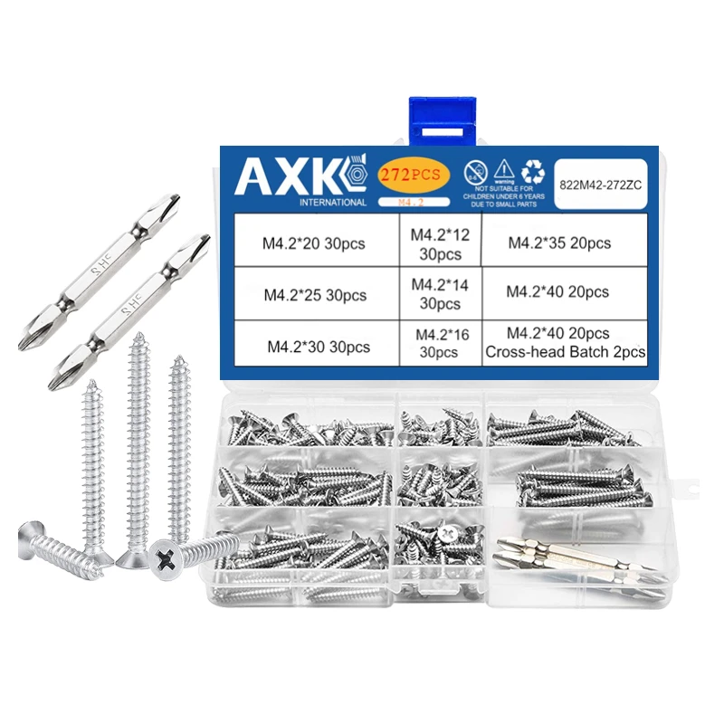 

AXK 272pcs/set M4.2 Screw Set Flat Head Self Tapping Screws Assortment Kit With Cross Screwdriver Bits