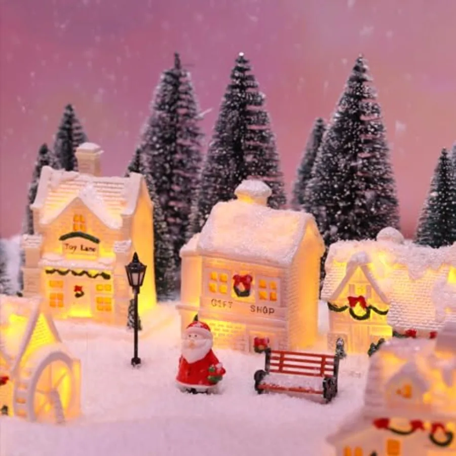 12 Pieces Christmas Winter Houses Village with 12 Pieces Trees Lamp LED Lights Christmas Winter Village Figurine Town Building
