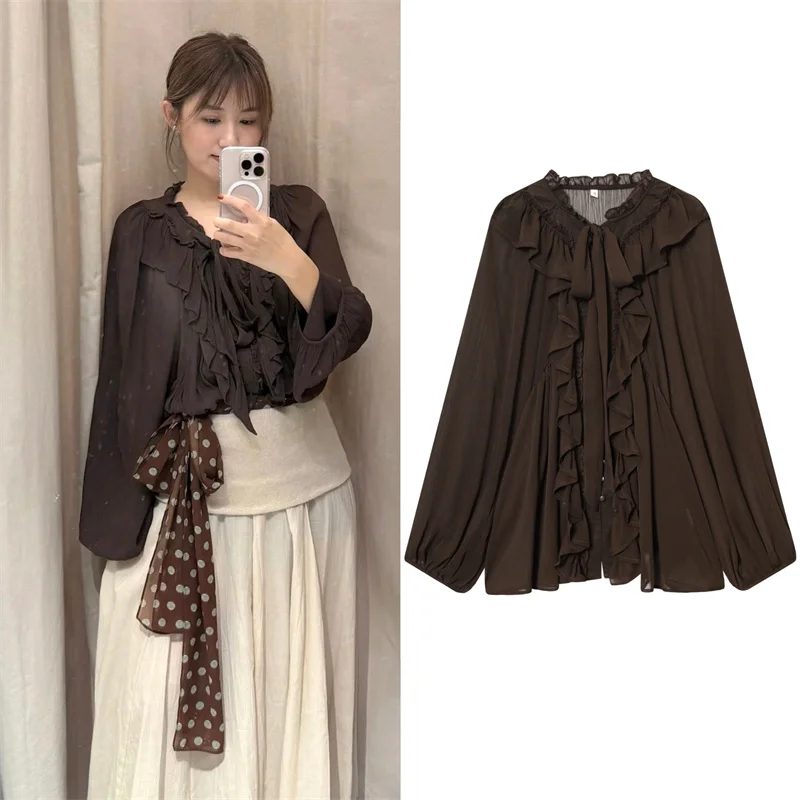 Women's Shirt 2025 Autumn New Style, Dark Brown Long Sleeve Layered Decorative Tie Draped Shirt Casual Fashionable Versatile