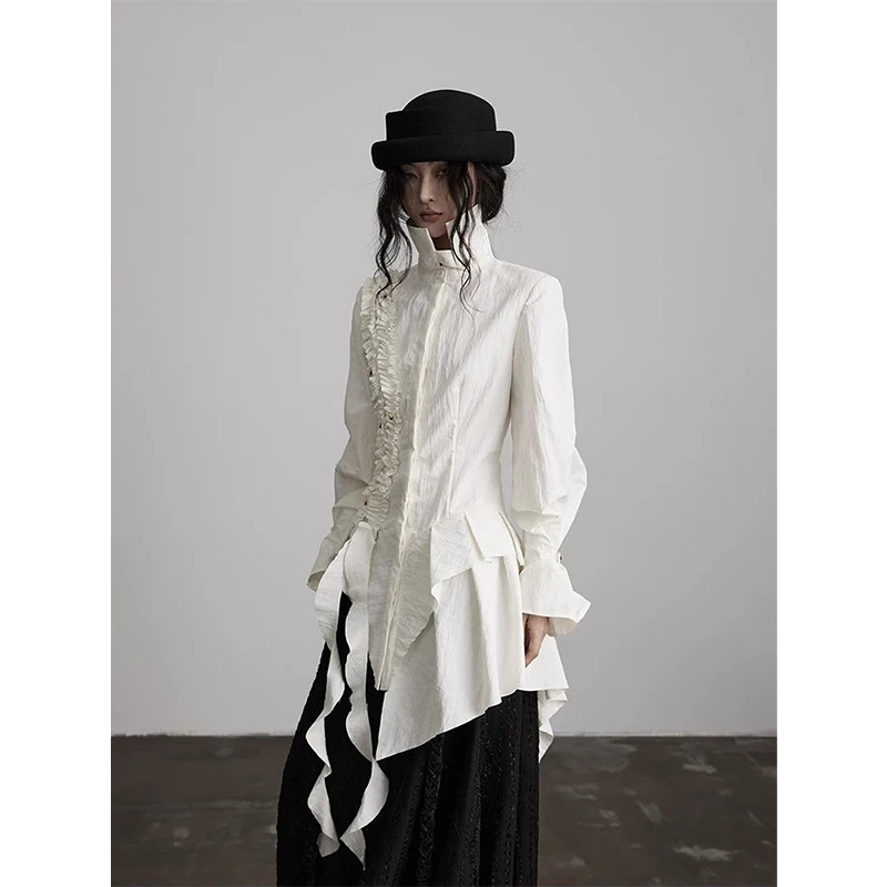 MEXZT Y2K Irregular White Shirts Women Japanese Harajuku Ruffles Patchwork Blouses Vintage Gothic Grunge Long Sleeve Design Tops