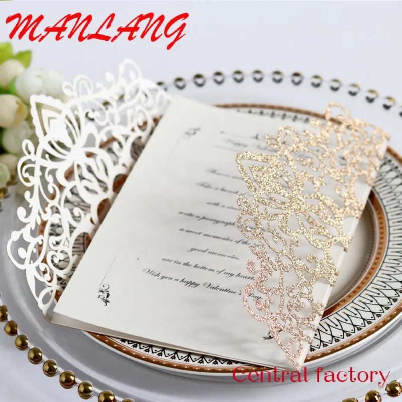 Custom  Custom Glitter Laser Cut Wedding Invitations with Ribbon and Envelopes Personalized Wedding Invitation Card