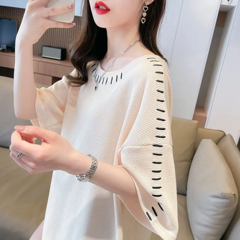 Bright Line Decoration Embroidered Solid Waffle Summer Short Sleeve Women T Shirt Brief Fashion Loose Casual Oversized Long Top